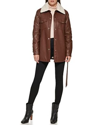Women's Modern Updated Shacket Belted Trench Faux-Leather