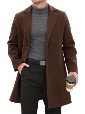 Men's Trench Coat Casual Single Breasted Long Pea Coat Notched Collar Warm Overcoat for Fall Winter with Pockets