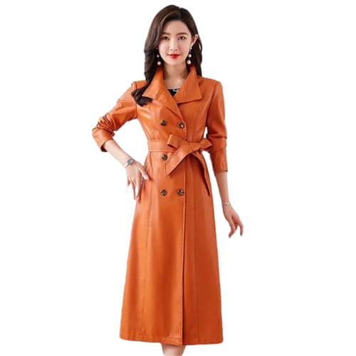 Women Trenchcoats Double-Breasted Belt Slim Outerwear Leather Trench Coat