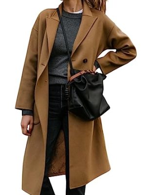 Womens Lapel Peacoat Winter Double-Breasted Outerwear Mid Long Jacket Casual Trench Coat