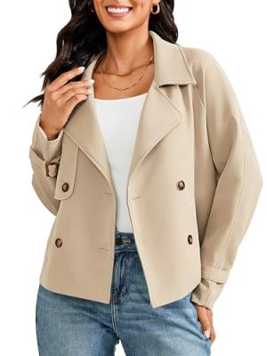 Cropped Trench Coat for Women Double Breasted Long Sleeve Work Office Business Casual Fall Short Jackets