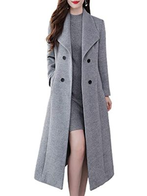 Women's Shawl Collar Double Breasted Below Knee Slim Wool Trench Long Coat