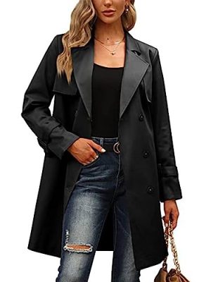 Women's Double Breasted Midi Trench Coat Flowy Light Weight Classic Belted Lapel Slim Windproof Overcoat