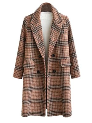 Women's Plaid Trench Coat Double Breasted Long Peacoat Winter Camel Peak Lapel Loose Woolen Jacket Outerwear