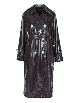 Women's Windproof Black Patent Leather Trench Coat Double-Breasted Oversized Iridescent