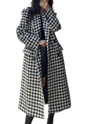 Women's Houndstooth Trench Coat Notch Lapel Double Breasted Quilted Lined Long Jacket Overcoat Pea Coat