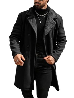 Mens Trench Coat Double Breasted Notched Collar Fleece Jacket Slim Fit Fall Winter Fuzzy Pea Coats Warm Overcoat