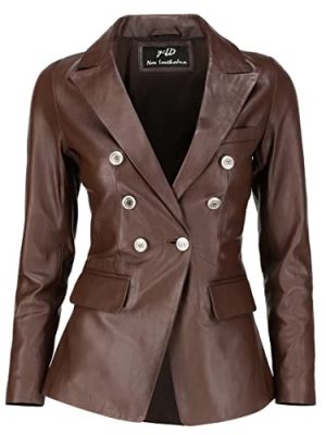 Double Breasted Fancy Buttons Lambskin Leather Blazer Women - Kim Kardashian Long Sleeve Coat Style Leather Jacket Women