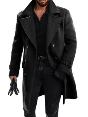 Mens Double Breasted Trench Coat Mid Long Jacket Notched Lapel Winter Chunky Warm Overcoat