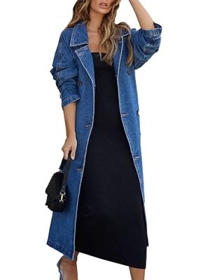 Women's Vintage Notched Collar Double Breasted Plus Size Loose Over Knee Denim Jacket Trench Coat with Belt