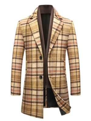 Men's Wool Blend Plaid Coat Warm Winter Trench Coat with Soft Scarf Single Breasted Overcoat