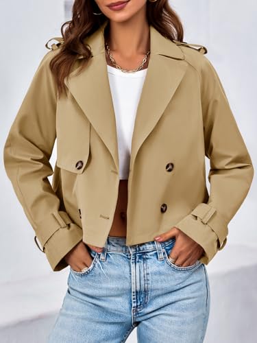 Womens Cropped Trench Coat Lapel Double Breasted Short Jacket Outwear