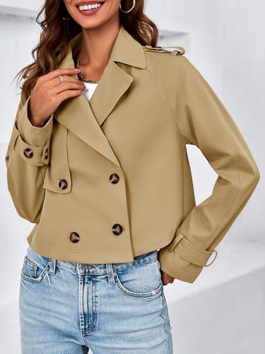 Womens Cropped Trench Coat Lapel Double Breasted Short Jacket Outwear