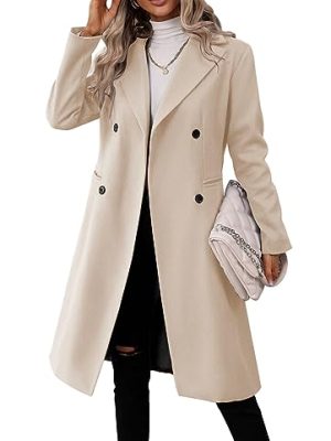 Womens Long Double Breasted Coats Lapel Collar Pea Coat Winter Slim Fit Jackets Trench Coat Outwear
