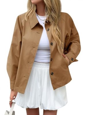 Womens Oversized Cropped Trench Coat Batwing Sleeve Single Breasted Lapel Casual Jackets Fall Button up Outerwear