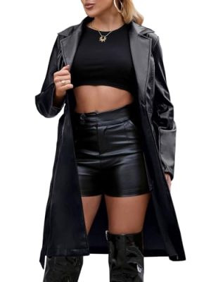 Leather Jacket Women Trench Coat Long Loose Button Jacket Open Front Motorcycle Coat with Belt