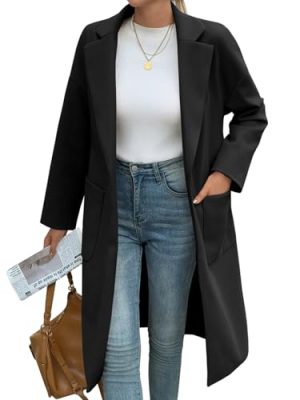 Womens Long Pea Coats Open Front Lapel Jackets Casual Belted Trench Coat Overcoats with Pockets