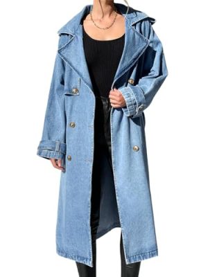 Women's Long Double Breasted Denim Jacket Oversized Button Down Maxi Jean Coat Classic Lapel Outercoat