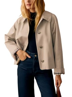 Womens Cropped Trench Coat Classic Collar Oversized Casual Jackets with Checkered Lining