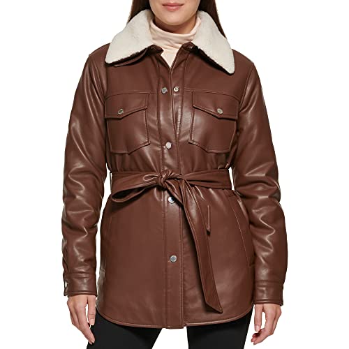 Women's Modern Updated Shacket Belted Trench Faux-Leather