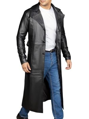 Vintage Classic Leather Trench Coat Men - Full Length Duster Overcoat Lambskin Leather Long Coats for Men