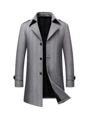 Men's Trench Coat Wool Blend Single Breasted Peacoat Thermal Business Winter Coat with Removeable Collar