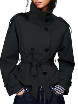 Women's Cropped Trench Coat Double Breasted Short Jacket High Collar Fall Winter Coats Trendy Outfit with Belt