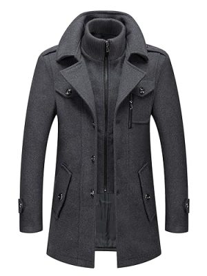 Men's Wool Blend Coat Warm Winter Trench Coat with Detachable Soft Scarf Single Breasted Pea Coat