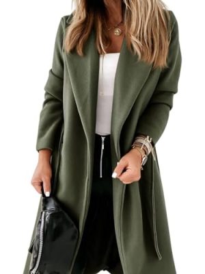 Womens Notched Lapel Collar Coats Open Front Long Jackets Overcoat with Belt