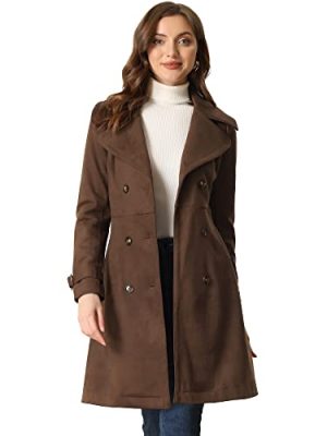 Women's Faux Suede Trench Coat Jacket Classic 2023 Fall Winter Double Breasted Overcoat