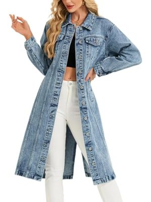 Women Denim Jacket Button Down Maxi Long Jean Trench Coat With Pocket