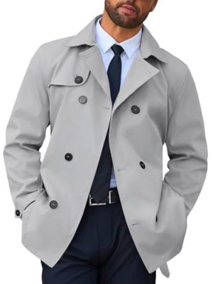 Runcati Mens Trench Coat Double Breasted Notched Lapel Jacket Casual Belted Windbreaker Overcoat