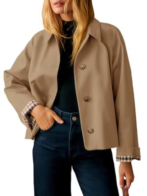 Womens Cropped Trench Coat Lightweight Single Breasted Jacket Fall Windbreaker Fashion Outerwear