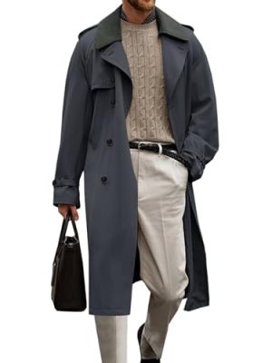 Mens Trench Coat Double Breasted Notched Lapel Long Jacket Fall Casual Classic Overcoat with Belt