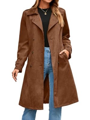 Womens Long Trench Coat Fall Winter Double Breasted Classic Lapel Slim Work Office Suede Overcoat with Belt