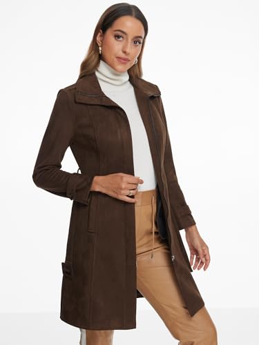 Faux Suede Coat for Women's Belted Long Zipper Jacket