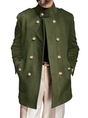 Mens Trench Coat Double Breasted Stand Collar Pea Coat Casual Fall Winter Warm Mid Long Overcoat