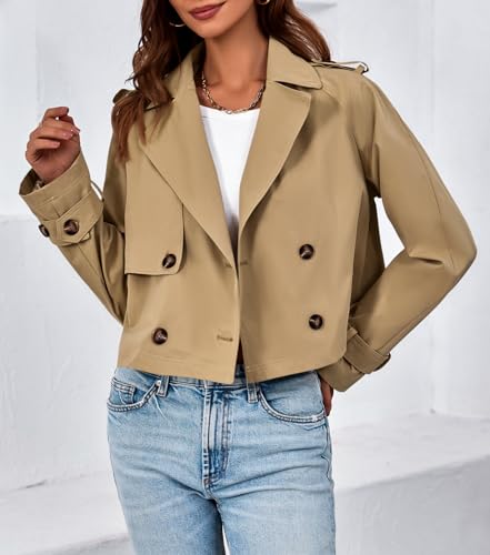 Womens Cropped Trench Coat Lapel Double Breasted Short Jacket Outwear
