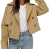 Womens Cropped Trench Coat Lapel Double Breasted Short Jacket Outwear