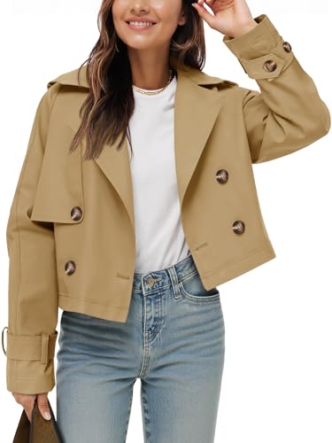 Womens Cropped Trench Coat Lapel Double Breasted Short Jacket Outwear