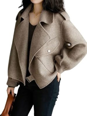 Women's Fall Casual Cropped Wool Coat Open Front Loose Dressy Blazer Jacket Short Trench Coat
