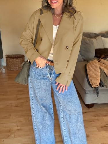 Womens Cropped Trench Coat Lapel Double Breasted Short Jacket Outwear