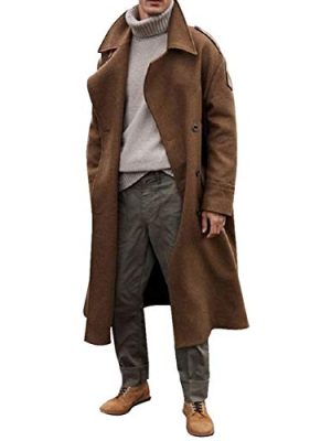 Men's Oversized Notched Long Faux Wool Blend Trench Coat Single Breasted Knee Length Lapel Winter Jacket