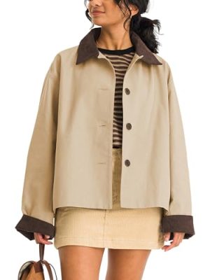 Womens Contrast Collar Jacket Casual Button Down Long Sleeves Crop Trench Coat Outerwear with Pockets