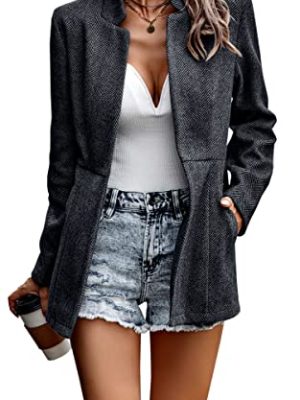 Women's Coat Casual Open Front Blazer Long Sleeve Stand Collar Solid Trench Business Work Office Jacket Outwear