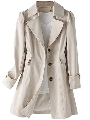 Women's Single Breasted Mid-Length Trench Coat Puff Sleeve Lapel Overcoat Windproof Classic Outerwear
