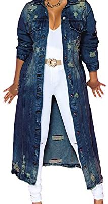 Women's Spring Fashion Ripped Holes Maxi Long Denim Jacket Trench Coat