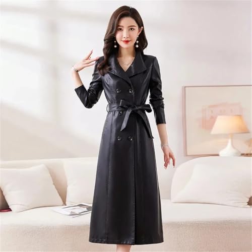 Women Trenchcoats Double-Breasted Belt Slim Outerwear Leather Trench Coat