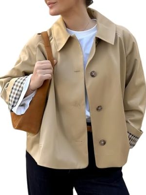 Women Crop Trench Coat Single Breasted Check Lining Lightweight Barn Jackets Fashion Outerwear