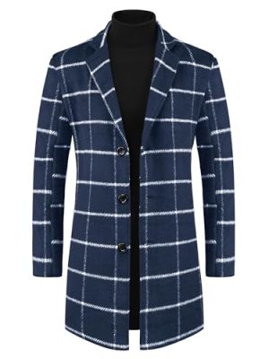 Plaid Coat for Men's Color Block Single Breasted Winter Checked Overcoat